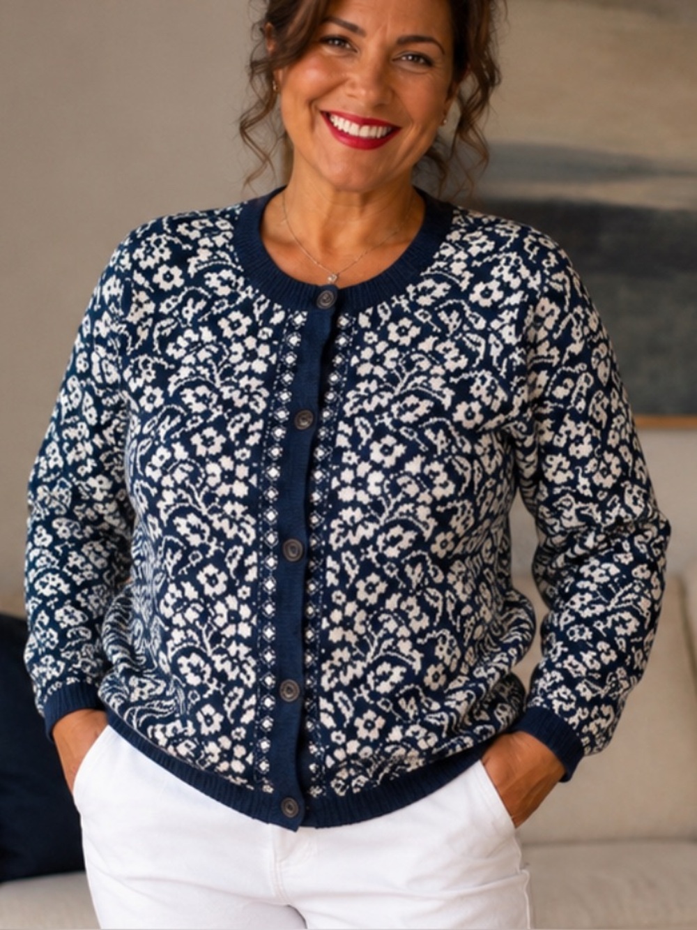 croft & barrow Navy and Cream Floral Knit Cardigan